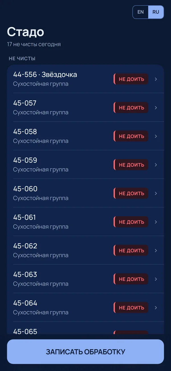 Экран работника на телефоне: стадо, первыми в списке — все коровы, которых нельзя доить
